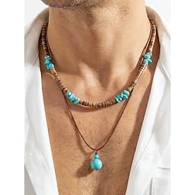 Collier bohème pour homme en coquillage de noix de coco et turquoise, pendentif à plusieurs rangs de perles bleues et brunes, idéal pour les vacances à la plag