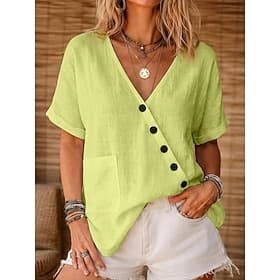 Femmes Chemise Chemises en coton et lin Chemisier Avec Poches Couleur Unie Uni Basique Occasionnel Manche Courte Manche Chauve-souris Col en V Hauts Réguliers