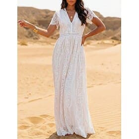 Women's Maxi Dress Boho Dress Lace Dress White Dress Summer Dress Elegant Fashion Beach Vacation Holiday Regular Fit Plain Short Sleeve V Neck White Summer Spr