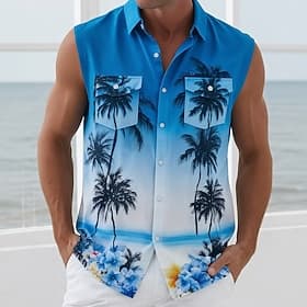 Men's Coconut Tree Tropical Flowers Gradient Color Hawaiian Shirt Tropical Shirts Sleeveless Shirt Sleeveless Hawaiian Outdoor Beach Causal Summer Spring Turnd