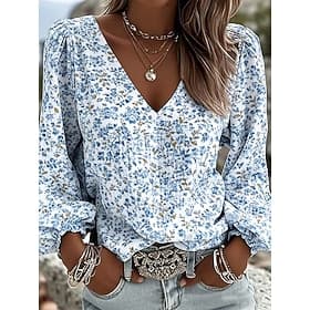 Women's Blouse Print Floral Graphic Elegant Bohemia Vintage Long Sleeve V Neck Regular Tops Daily Holiday Blue Sage Green Green Summer Spring