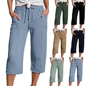 Women's Capri Pants 100% Cotton Vacation Streetwear Basic Capris High Waist Plain Drawstring Pocket Elastic Waistband Comfort Soft Comfortable Inelastic Daily