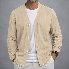 Men's Linen Shirt Summer Shirt Beach Wear Button Up Shirt Cardigan Plain Casual Vacation Blue Black White Khaki Long Sleeve V Neck Summer Spring Clothing Appar