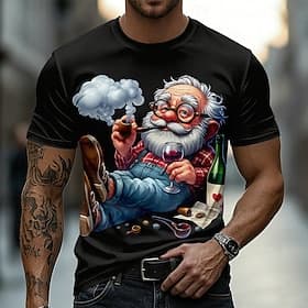T-shirt humoristique à manches courtes et col rond représentant un vieil homme souriant fumant la pipe et buvant du vin (illustration 3D). Idée cadeau pour un