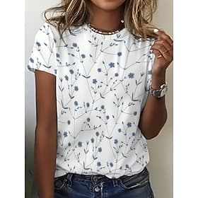 Women's T Shirt Print Floral Graphic Plants Bohemia Hawaiian Stylish Short Sleeve Crew Neck Regular Tops Casual Daily Blue White Light Purple Red / Blue Beige