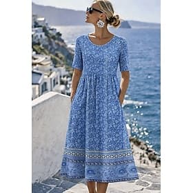 Women's Midi Dress Shift Dress Vacation Casual Regular Fit Floral Graphic Bohemian Short Sleeve Crew Neck Blue Pink Purple Summer Spring
