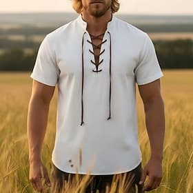 Médiéval Renaissance Chemise Manches courtes Pirate Viking Déguisement Homme Viking Pirate Halloween Carnaval Performance LARP Foire de la Renaissance Adulte C
