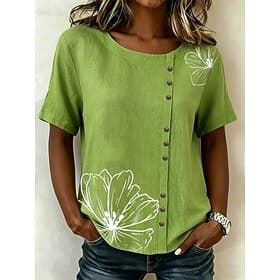 Women's Blouse Buttons Print Floral Graphic Vintage Tropical Stylish Short Sleeve Crew Neck Regular Tops Casual Holiday Blue Pink Purple Green Summer Spring