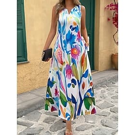 Women's Maxi Dress Sundress A Line Dress Vacation Casual Boho Holiday Regular Fit Floral Graphic Sleeveless V Neck Blue Black Yellow Red Summer Spring
