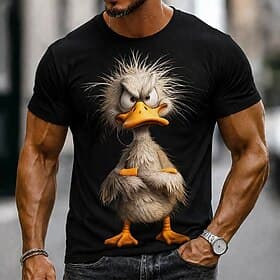 T-shirt homme à manches courtes, motif canard grognon aux cheveux en bataille, style streetwear décontracté et humoristique, disponible en tailles S, M, L, XL,