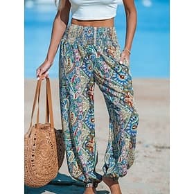 Femmes Chinos Pantalon sarouel Vacances ancien Boho Longueur complète Taille haute Paisley Avec Poches Ceinture Élastique Imprimé Confortable Confort Doux Élas