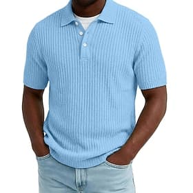Men's Rib Knit Top Textured Casual Work Lapel Ribbed Polo Collar Short Sleeve Basic Modern Color Block Buttons Knitted Spring Summer Summer Spring Regular Fit