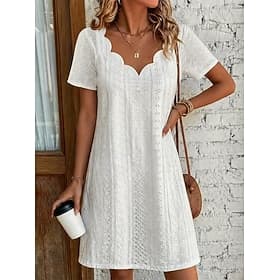 Women's Knee Length Dress White Dress Summer Dress Eyelet Dress Elegant Fashion Modern Beach Vacation Holiday Regular Fit Plain Short Sleeve V Neck Blue White