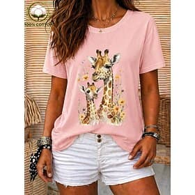 Women's 100% Cotton T Shirt Print Graphic Animal Vintage Stylish Casual Short Sleeve Crew Neck Regular Tops Casual Daily Weekend Light Beige Black White Pink R