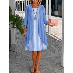 Damen Kleid-Set A Linie Kleid Elegant Urlaub Grafik Gestreift Geschichtet Druck Midikleid Dreiviertelarm Rundhalsausschnitt Täglich Blau Grün Sommer Frühling N