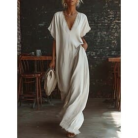 Women's Maxi Dress Linen-feel Dresses A Line Dress Casual Daily Loose Fit Plain Short Sleeve V Neck Blue Black White Yellow Summer Spring