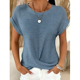 Per donna Maglietta Arricciato Semplice Moda Elegante Classico Manica Corta Girocollo Top Regolari Quotidiano Uscire Weekend Blu Nero Bianco Vino Verde scuro E