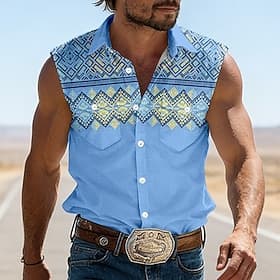 Herre Geometrisk mønster Etnisk Western skjorte Cowboyskjorte Ermeløs skjorte Ermeløs vestlig stil utendørs Arbeid Avslappet Sommer Vår Aftæpning 3D-utskrift A