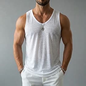Men's Linen Tank Top Sleeveless Shirt Wife beater Shirt Sleeveless Crew Neck V Neck Summer Spring All Seasons Plain Fashion Basic Bohemian Slim Soft Plain Casu