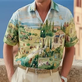 Men's Village Scene Vintage Landscape Summer Hawaiian Shirt Tropical Shirts Aloha Shirt Short Sleeve Hawaiian Resort Beach Vacation Wear Summer Spring Turndown