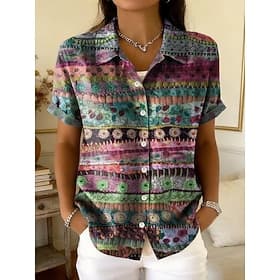 Damen Hemd Knöpfe Druck Grafik Geometrisch Abstrakt Vintage Täglich Stilvoll Kurzarm Hemdkragen Normale Oberteile Lässig Täglich Purpur Grün Sommer Frühling