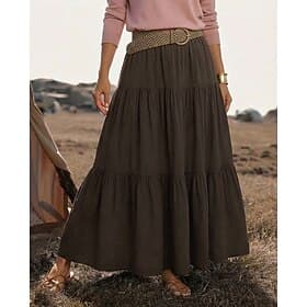 Faldas maxi casuales de cintura media para mujer, color liso, fruncidas, con volantes, inelásticas, para uso diario, vacaciones, color negro, vino, morado, mar