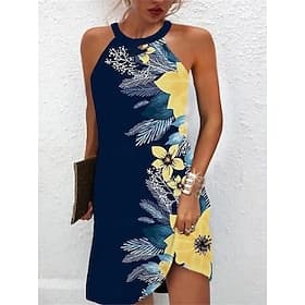 Damen Sommerkleid Neckholder-Kleid Kleid drucken Aktiv Modisch Strassenmode Outdoor Urlaub Täglich Regular Fit Paisley-Muster Ärmellos Halfterhals Gelb Königli