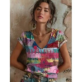 Femmes T-shirt Imprimé Graphique Abstrait Géométrie ancien Élégant Classique Manche Courte Col en V Hauts Réguliers Occasionnel Quotidien Sortir Bleu Beige cla