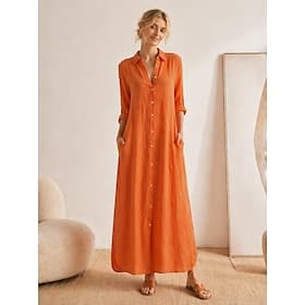Damen Langarm Maxikleid aus Baumwollleinen Hemdblusenkleid
