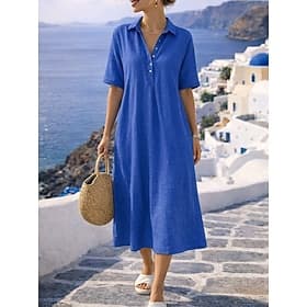 Women's Midi Dress Linen-feel Dresses A Line Dress Casual Daily Loose Fit Plain Short Sleeve Lapel Blue Black Yellow Pink Summer Spring Fall