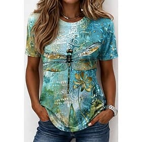 Women's T Shirt Print Graphic Animal Plants Vintage Stylish Classic Short Sleeve Crew Neck Round Neck Long Tops Casual Daily Weekend White / Green Green / Blue