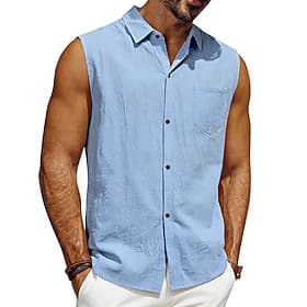 Herren Hemd Leinenhemd Sommerhemd Strandbekleidung Ärmelloses Shirt Einfarbig Lässig Urlaub Blau Schwarz Weiß Gelb Ärmellos Umlegekragen Sommer Frühling Beklei