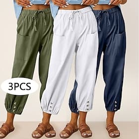 Multi Packs 3pcs Women's Cotton Capri Pants Summer Pants Trousers Casual Pants Basic High Waist Plain Pocket Elastic Waist Comfort Breathable Inelastic Daily H