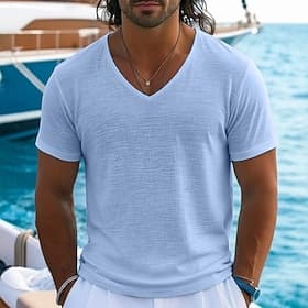 Men's T Shirt Short Sleeve Shirt Tee Top Linen T-Shirt Short Sleeve V Neck Summer Spring Plain Pit Strip Streetwear Stylish Casual Plain Casual Daily Outdoor B