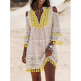 Damen Minikleid Boho-Kleid Spitzenkleid Weißes Kleid Sommerkleid Elegant Mode Strand Urlaub Ferien Normale Passform Einfach Dreiviertelarm V Ausschnitt Blau We