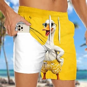Men's Funny Duck Cartoon Animals Lined Shorts 2 in 1 Board Shorts Swim Shorts Mid Waist Hawaiian Beach Vacation Wear Side Pockets With Compression Liner Elasti