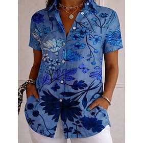 Women's Shirt Button Down Shirt Casual Shirt Summer Tops Buttons Print Floral Graphic Vintage Stylish Modern Short Sleeve Shirt Collar Long Tops Daily Blue Whi