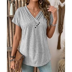 Women's Summer Tops Ruched Buttons Stylish Classic Short Sleeve V Neck Regular Tops Casual Daily Vacation Wear Black White Pink Red Royal Blue Summer Spring