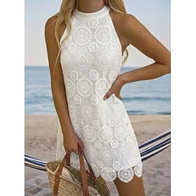 Damen Minikleid Spitzenkleid Weißes Kleid Elegant Mode Modern Strand Urlaub Ferien Normale Passform Blumen Ärmellos Neckholder Weiß Sommer Frühling
