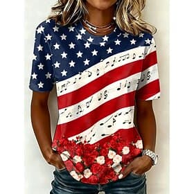 American Independence Day Women's T Shirt Print Floral Graphic Flag Stylish Classic Casual Short Sleeve Crew Neck Round Neck Regular Tops Casual Daily Blue Red