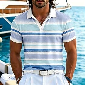 Herren Horizontale Streifen Hawaiianische Polohemden Kurzarm Polo-Shirts Revers Lässig Resort Athleisure Alltagskleidung Urlaubskleidung 3D-Druck Knöpfe Sommer