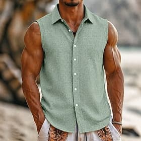 Men's Shirt Linen Shirt Summer Shirt Beach Wear Button Up Shirt Sleeveless Shirt Solid Color Vacation Street Blue Black White Navy Blue Sleeveless Turndown Sum