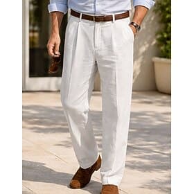 Men's Linen Pants Trousers Dress Pants Summer Pants Pleated Straight Leg Plain Comfort Breathable Full Length Casual Daily Business Fashion Streetwear Blue Bla