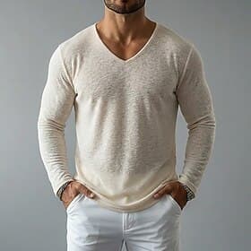 Herren T Shirt T-Shirt Langarm V Ausschnitt Sommer Frühling Einfach Mode Designer Leicht Klassisch Weich Rein Lässig Urlaub Straße Schwarz Purpur Grün Top T-Sh