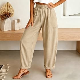 Damen Hose in Leinenoptik Hose Sommerhose Strandhose Urlaub Mode Alltagstauglich Volle Länge Mittlere Taille Einfarbig Einfach Tasche Elastischer Bund Komfort