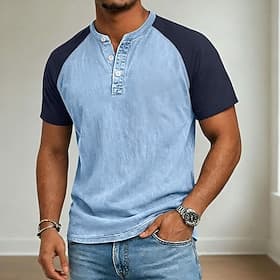SoftFade™ Men's Henley Shirt 100% Cotton Acid Wash Shirt Short Sleeve Henley Spring Summer Summer Spring Color Block Patchwork Retro Vintage Casual Henley Pat