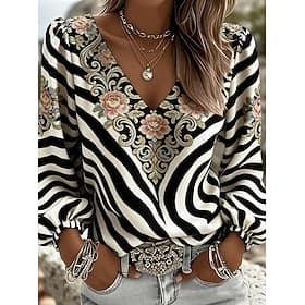 Damen Hemd Blumen Grafik Geometrisch Bohemien Urlaub Vintage Langarm V Ausschnitt Lange Oberteile Lässig Täglich Ferien Kastanienbraun Schwarz Purpur Beige Som