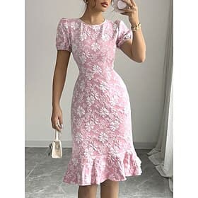 Women's Midi Dress Lace Dress Bodycon Trumpet Mermaid Dress Elegant Fashion Modern Vacation Wedding Going out Regular Fit Floral Short Sleeve Crew Neck Blue Bl