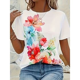 Femmes T-shirt Imprimé Fleuri Graphique Mode Élégant Classique Manche Courte Col ras du cou Hauts Réguliers Occasionnel Quotidien Rose Claire Été Printemps