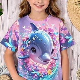 Fille 3D Graphique Animal Dessin animé T-shirt Manche Courte Impression 3D Été Printemps Actif Mignon Enfants 5-12 ans Occasionnel Quotidien École Coupe réguli